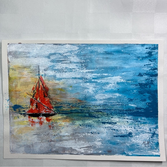 Semi Abstract Sailboat Ocean Seascape Acrylic Art Painting - Picture 2 of 11